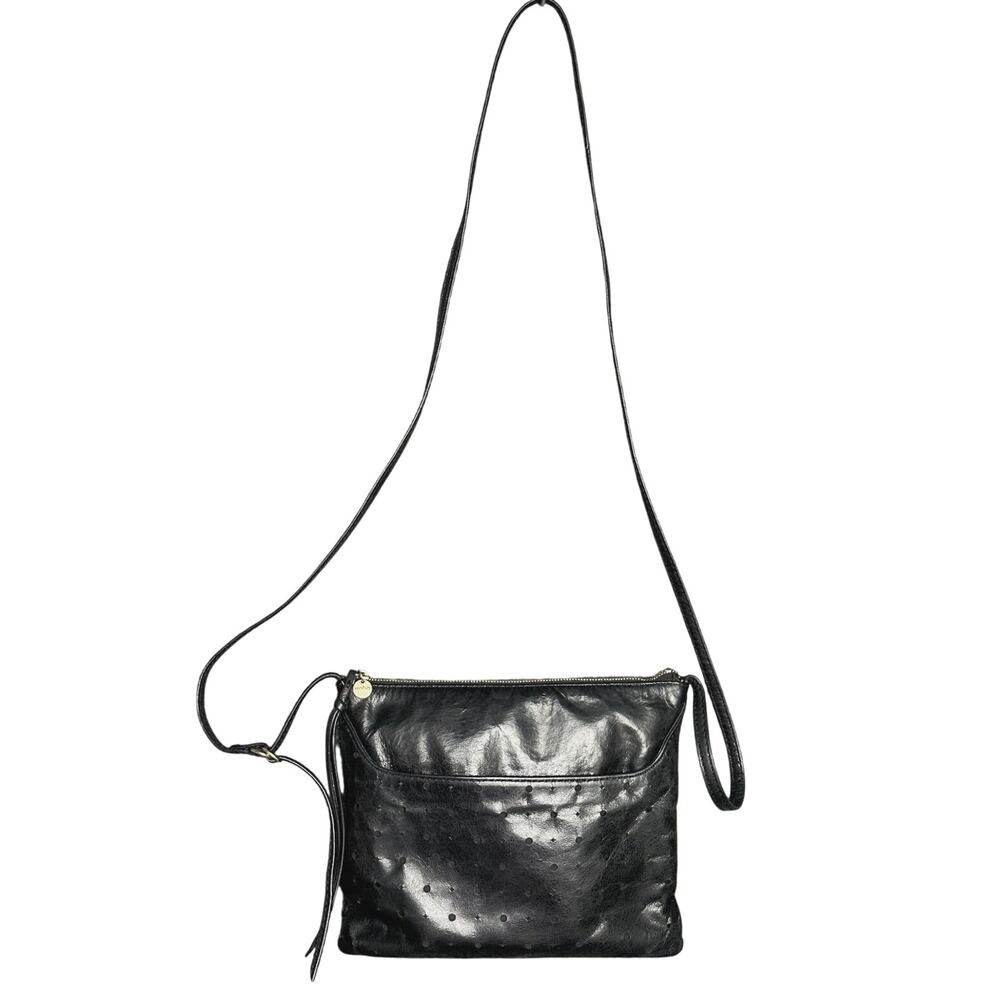 Vintage Hobo leather crossbody bag black perforated 7x8.5 adjustable strap
